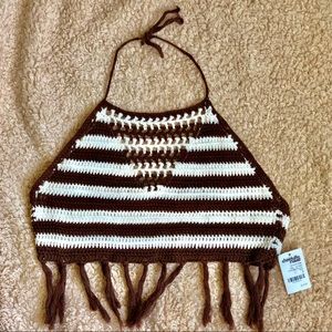 Brown and white Striped Knit Halter Top.